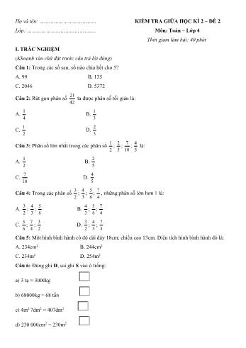 Đề kiểm tra giữa học kì 2 môn Toán Lớp 4 - Đề số 2 (Có đáp án)