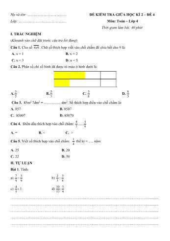 Đề kiểm tra giữa học kì 2 môn Toán Lớp 4 - Đề số 4 (Có đáp án)