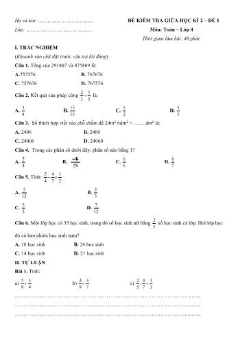 Đề kiểm tra giữa học kì 2 môn Toán Lớp 4 - Đề số 5 (Có đáp án)