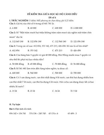 Đề kiểm tra giữa học kì I môn Toán Lớp 4 Sách Cánh diều - Đề 4 (Có đáp án)