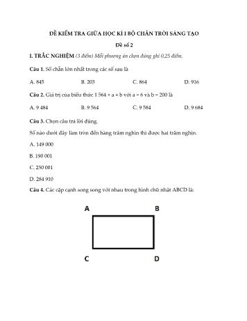 Đề kiểm tra giữa học kì I môn Toán Lớp 4 Sách Chân trời sáng tạo - Đề 2 (Có đáp án)