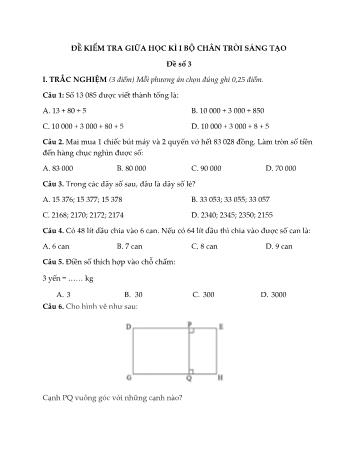 Đề kiểm tra giữa học kì I môn Toán Lớp 4 Sách Chân trời sáng tạo - Đề 3 (Có đáp án)