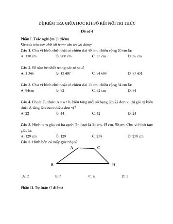 Đề kiểm tra giữa học kì I môn Toán Lớp 4 Sách Kết nối tri thức với cuộc sống - Đề 4 (Có đáp án)