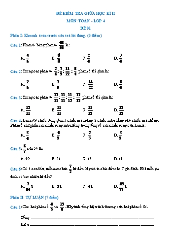 Đề kiểm tra giữa học kì II môn Toán Lớp 4 - Đề số 1