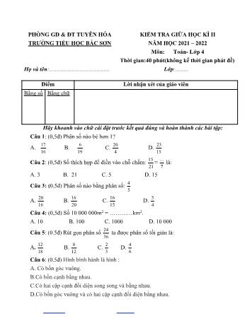 Đề kiểm tra giữa học kì II môn Toán Lớp 4 - Năm học 2021-2022 - Trường Tiểu học Bắc Sơn (Có đáp án)