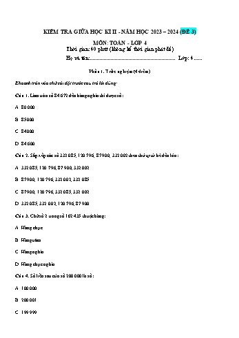 Đề kiểm tra giữa học kì II môn Toán Lớp 4 Sách Kết nối tri thức với cuộc sống - Năm học 2023-2024 - Đề 3 (Có đáp án)