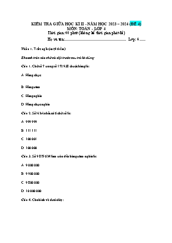 Đề kiểm tra giữa học kì II môn Toán Lớp 4 Sách Kết nối tri thức với cuộc sống - Năm học 2023-2024 - Đề 4 (Có đáp án)