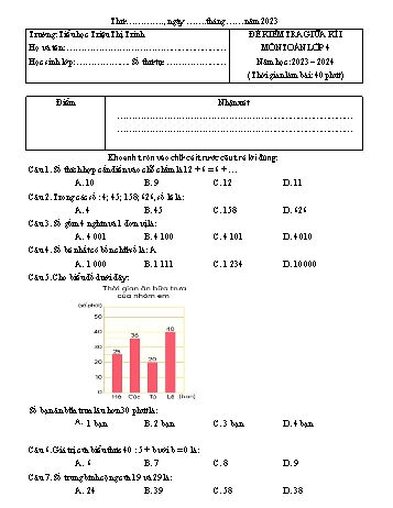 Đề kiểm tra giữa kì I môn Toán Lớp 4 - Năm học 2023-2024 - Trường Tiểu học Triệu Thị Trinh