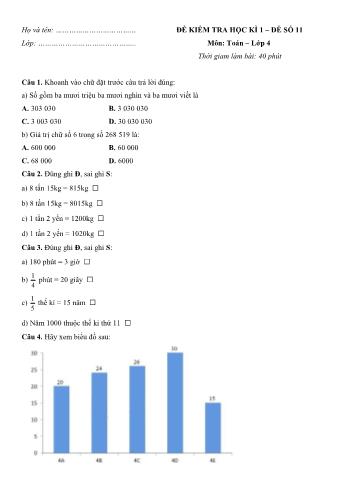 Đề kiểm tra học kì 1 môn Toán Lớp 4 - Đề số 11 (Có đáp án)