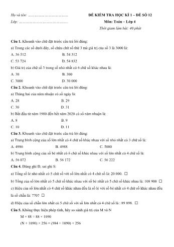 Đề kiểm tra học kì 1 môn Toán Lớp 4 - Đề số 12 (Có đáp án)