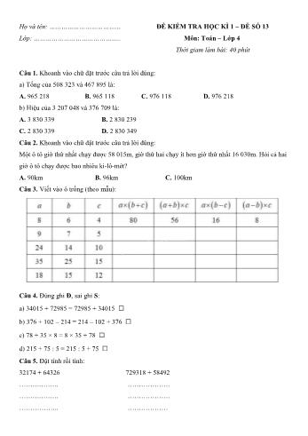 Đề kiểm tra học kì 1 môn Toán Lớp 4 - Đề số 13 (Có đáp án)