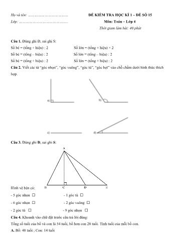 Đề kiểm tra học kì 1 môn Toán Lớp 4 - Đề số 15 (Có đáp án)