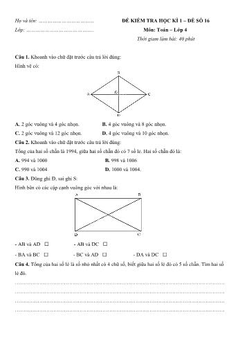 Đề kiểm tra học kì 1 môn Toán Lớp 4 - Đề số 16 (Có đáp án)