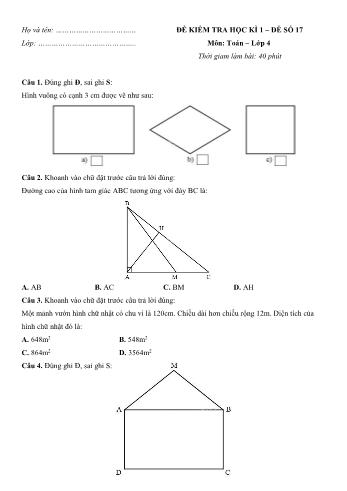 Đề kiểm tra học kì 1 môn Toán Lớp 4 - Đề số 17 (Có đáp án)