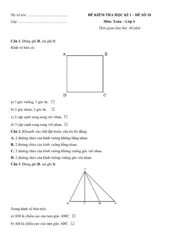 Đề kiểm tra học kì 1 môn Toán Lớp 4 - Đề số 18 (Có đáp án)