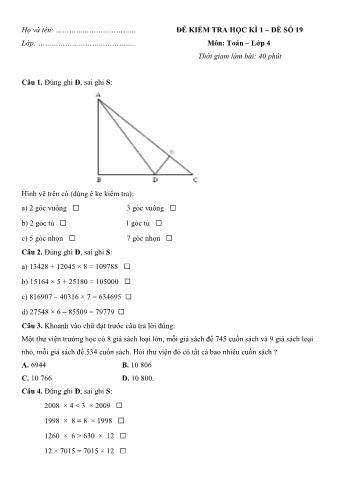 Đề kiểm tra học kì 1 môn Toán Lớp 4 - Đề số 19 (Có đáp án)