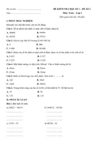 Đề kiểm tra học kì 1 môn Toán Lớp 4 - Đề số 2 (Có đáp án)