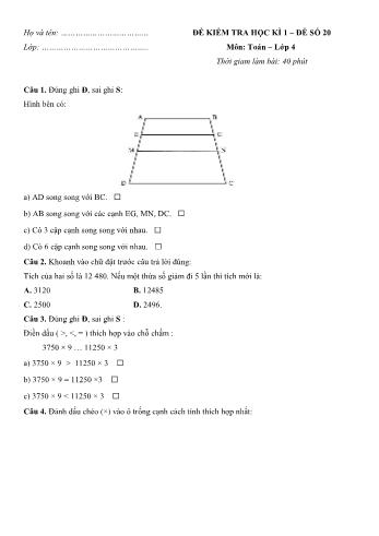Đề kiểm tra học kì 1 môn Toán Lớp 4 - Đề số 20 (Có đáp án)