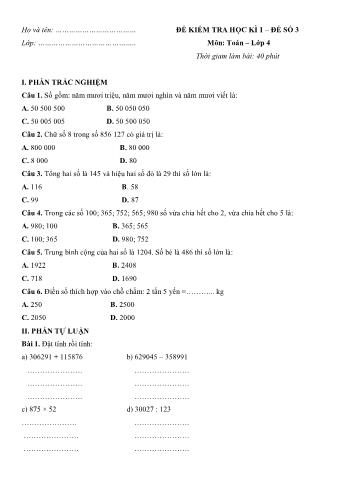 Đề kiểm tra học kì 1 môn Toán Lớp 4 - Đề số 3 (Có đáp án)
