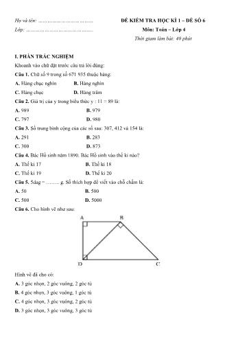 Đề kiểm tra học kì 1 môn Toán Lớp 4 - Đề số 6 (Có đáp án)