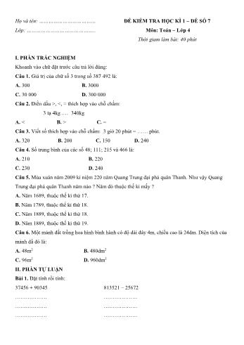 Đề kiểm tra học kì 1 môn Toán Lớp 4 - Đề số 7 (Có đáp án)