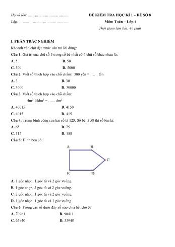 Đề kiểm tra học kì 1 môn Toán Lớp 4 - Đề số 8 (Có đáp án)