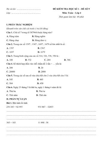 Đề kiểm tra học kì 1 môn Toán Lớp 4 - Đề số 9 (Có đáp án)