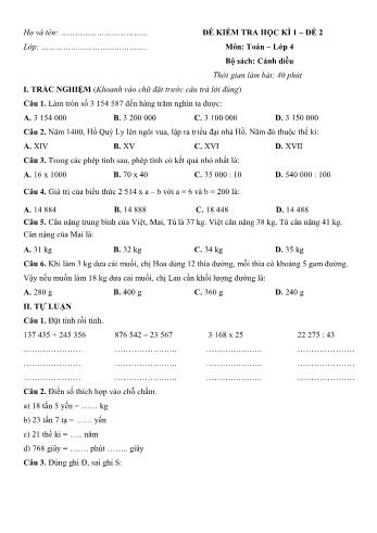 Đề kiểm tra học kì 1 môn Toán Lớp 4 Sách Cánh diều - Đề số 2 (Có đáp án)