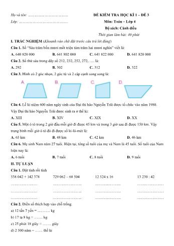 Đề kiểm tra học kì 1 môn Toán Lớp 4 Sách Cánh diều - Đề số 3 (Có đáp án)
