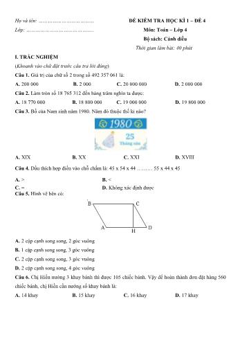 Đề kiểm tra học kì 1 môn Toán Lớp 4 Sách Cánh diều - Đề số 4 (Có đáp án)