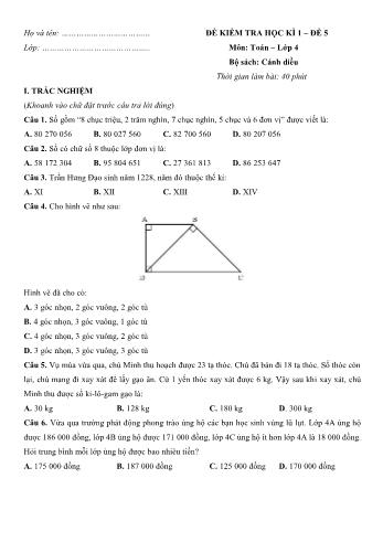 Đề kiểm tra học kì 1 môn Toán Lớp 4 Sách Cánh diều - Đề số 5 (Có đáp án)