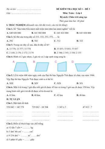 Đề kiểm tra học kì 1 môn Toán Lớp 4 Sách Chân trời sáng tạo - Đề số 3 (Có đáp án)