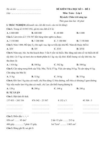 Đề kiểm tra học kì 1 môn Toán Lớp 4 Sách Chân trời sáng tạo - Đề số 2 (Có đáp án)