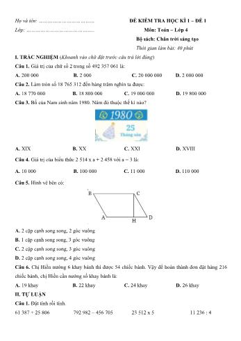 Đề kiểm tra học kì 1 môn Toán Lớp 4 Sách Chân trời sáng tạo - Đề số 1 (Có đáp án)