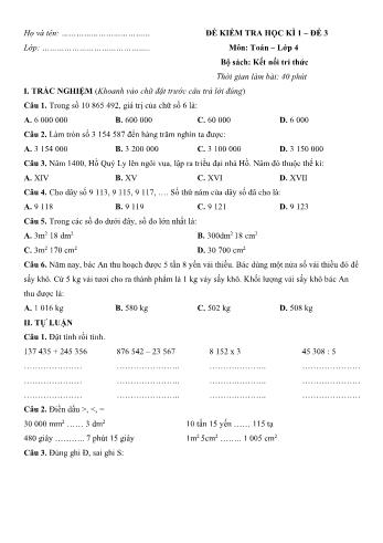 Đề kiểm tra học kì 1 môn Toán Lớp 4 Sách Kết nối tri thức với cuộc sống - Đề số 3 (Có đáp án)