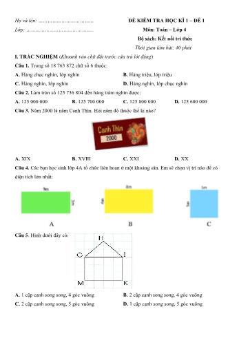 Đề kiểm tra học kì 1 môn Toán Lớp 4 Sách Kết nối tri thức với cuộc sống - Đề số 1 (Có đáp án)