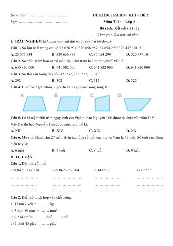 Đề kiểm tra học kì 1 môn Toán Lớp 4 Sách Kết nối tri thức với cuộc sống - Đề số 2 (Có đáp án)