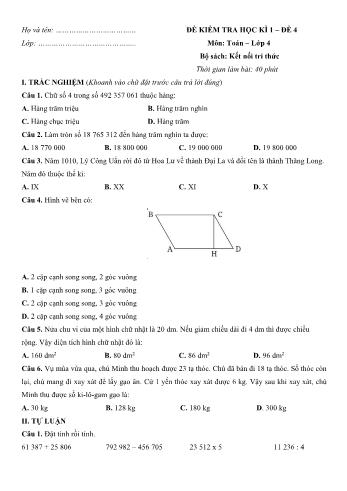 Đề kiểm tra học kì 1 môn Toán Lớp 4 Sách Kết nối tri thức với cuộc sống - Đề số 4 (Có đáp án)