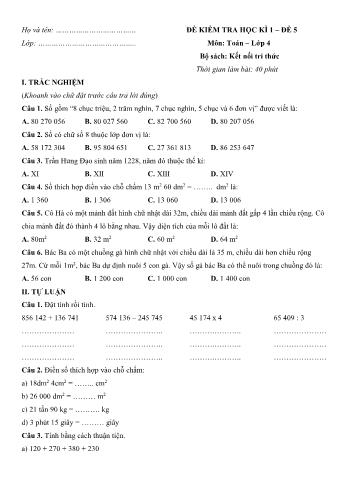 Đề kiểm tra học kì 1 môn Toán Lớp 4 Sách Kết nối tri thức với cuộc sống - Đề số 5 (Có đáp án)