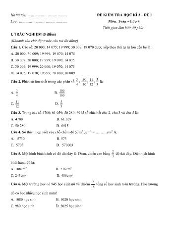 Đề kiểm tra học kì 2 môn Toán Lớp 4 - Đề số 1 (Có đáp án)