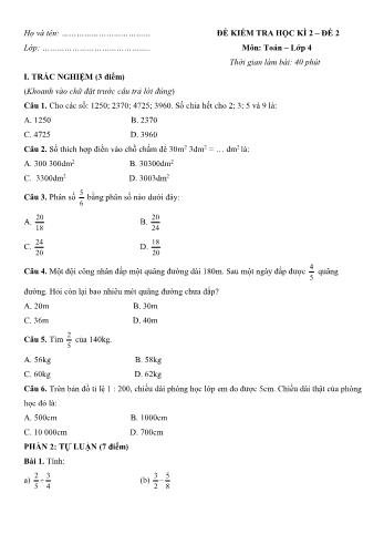 Đề kiểm tra học kì 2 môn Toán Lớp 4 - Đề số 2 (Có đáp án)