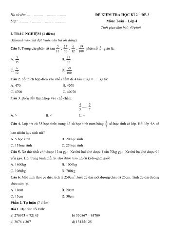 Đề kiểm tra học kì 2 môn Toán Lớp 4 - Đề số 3 (Có đáp án)