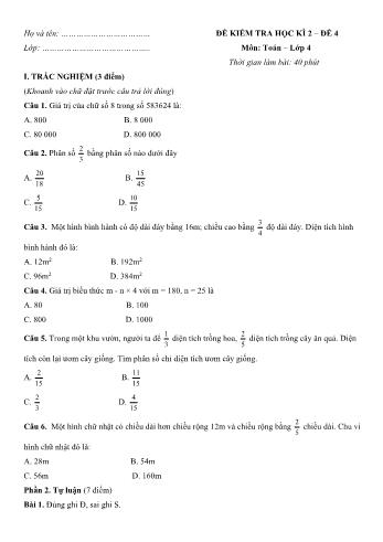 Đề kiểm tra học kì 2 môn Toán Lớp 4 - Đề số 4 (Có đáp án)
