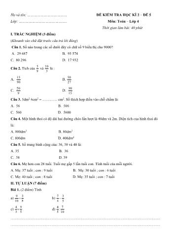 Đề kiểm tra học kì 2 môn Toán Lớp 4 - Đề số 5 (Có đáp án)