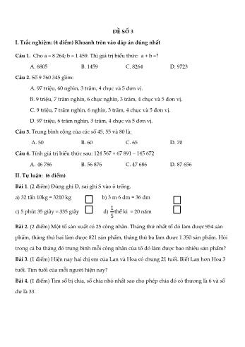 Đề kiểm tra học kì I môn Toán Lớp 4 Sách Cánh diều - Đề số 3 (Có đáp án)