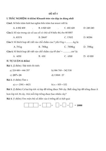 Đề kiểm tra học kì I môn Toán Lớp 4 Sách Cánh diều - Đề số 5 (Có đáp án)