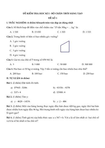 Đề kiểm tra học kì I môn Toán Lớp 4 Sách Chân trời sáng tạo - Đề số 1 (Có đáp án)