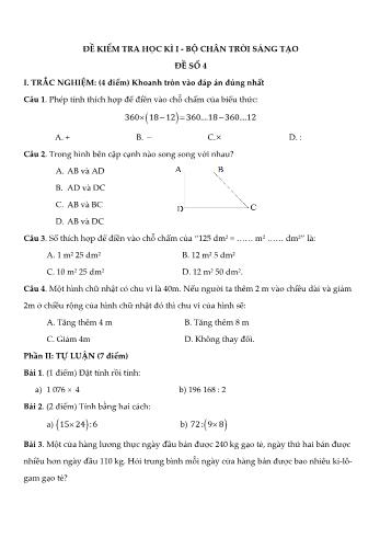 Đề kiểm tra học kì I môn Toán Lớp 4 Sách Chân trời sáng tạo - Đề số 4 (Có đáp án)