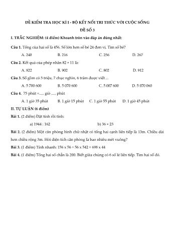 Đề kiểm tra học kì I môn Toán Lớp 4 Sách Kết nối tri thức với cuộc sống - Đề số 3 (Có đáp án)