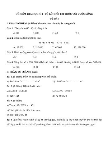 Đề kiểm tra học kì I môn Toán Lớp 4 Sách Kết nối tri thức với cuộc sống - Đề số 1 (Có đáp án)